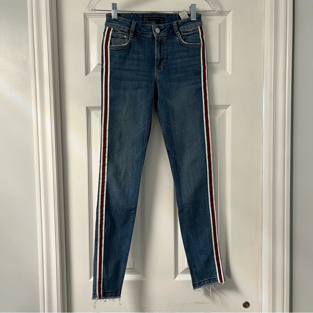 ZARA Striped skinny denim jeans raw hem mid rise streetwear women’s size 2 blue